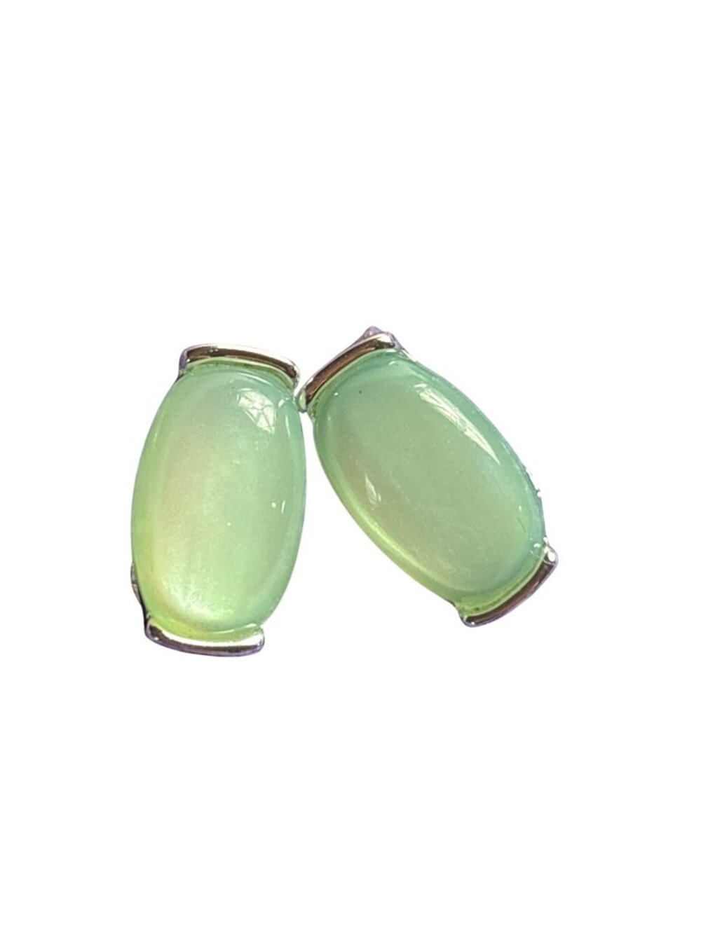 Vintage Pale Green Moonglow Oval Cabochon Clip On Earrings Silvertone